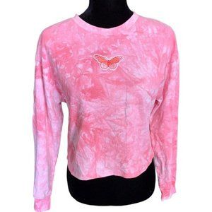 NEW All in Favor Pink Long Sleeve Tie Dye Butterfly Embroidery Top